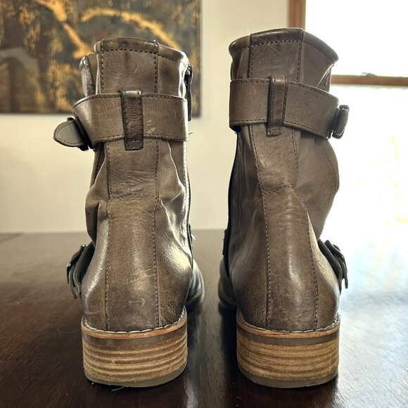Paul Green Taupe Leather Moto Ankle Boots Buckle Strap Side Zip US 9.5 - Picture 4 of 9